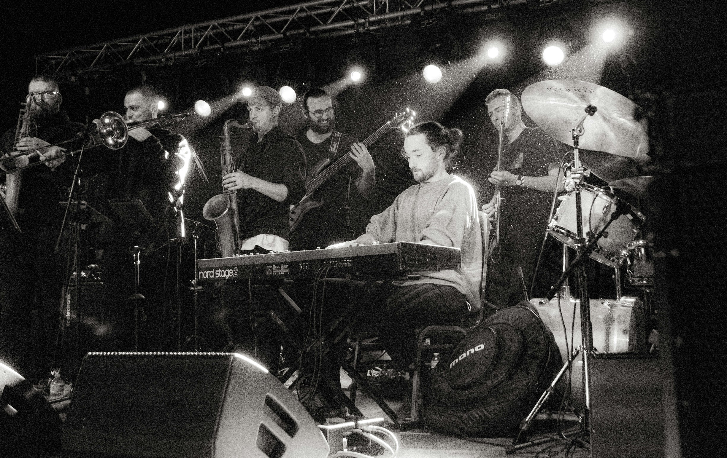 Liam Shortall, at left on trombone, with his band, corto.alto. Photo by Alexander James-Aylin (@alexjamesaylin).